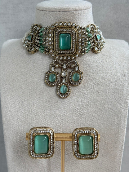 Ayura Designs Nabiha Choker Set with Studs – Aqua Green Stones, Pearl Detailing & Antique Gold Finish