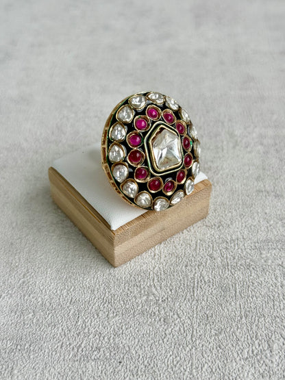 Ayura Designs Lara Adjustable Ring – Mirror-Cut Statement Ring with Ruby Pink Stones & Green Enamel Detailing