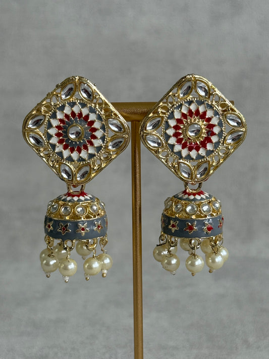 Ayura Designs Rangoli Jhumkis – Slate Grey, Ruby Red & Ivory Meenakari with Pearl Drops in Antique Gold Finish
