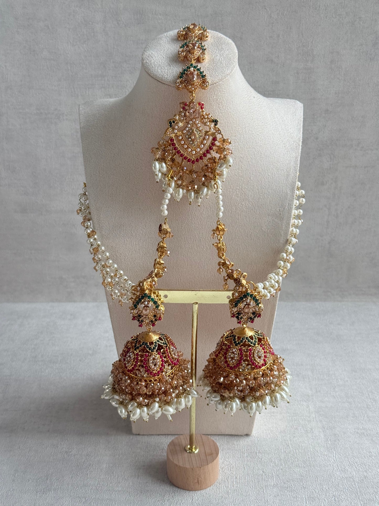 Ayura Designs Safia Tikka Set with Sahare Earrings – Champagne Crystals with Ruby & Emerald
