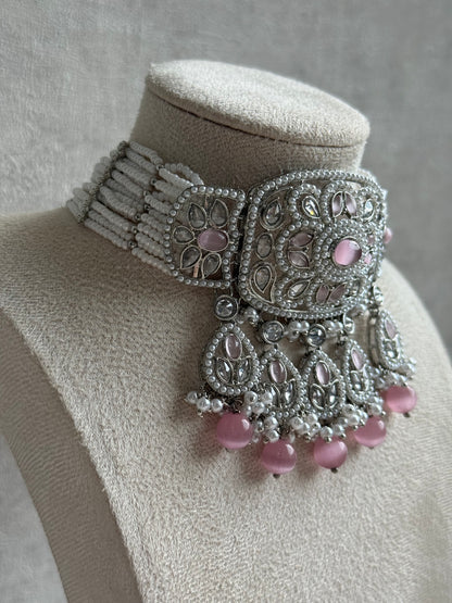 Ayura Designs Zarlish Set – Choker, Earrings & Tikka with Mirror-Cut Stones, Blush Pink Beads & Silver Finish