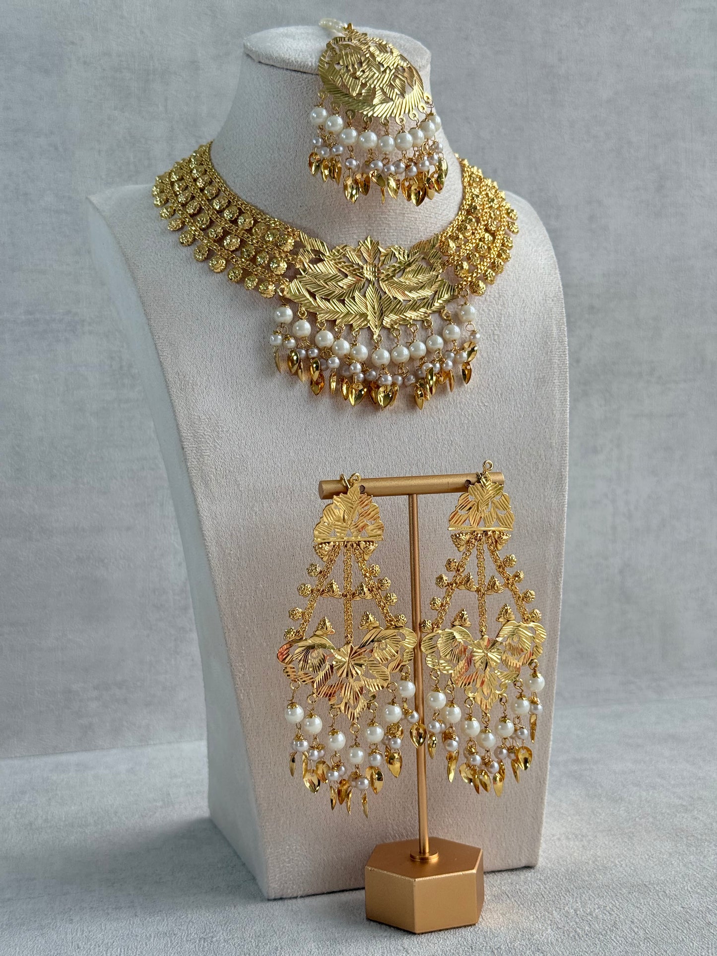 Ayura Designs Jasira Necklace Set with Earrings & Tikka – Pippal Patti Design with Swan & Peacock Motifs, Ivory Pearls & Gold Finish