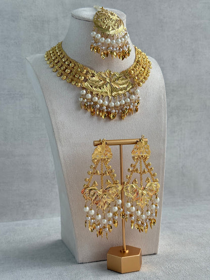 Ayura Designs Jasira Necklace Set with Earrings & Tikka – Pippal Patti Design with Swan & Peacock Motifs, Ivory Pearls & Gold Finish