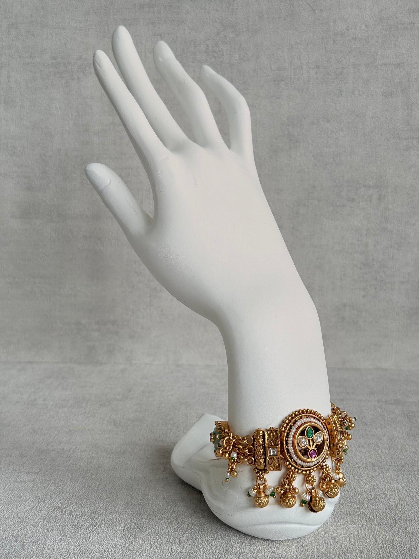 Ayura Designs Pravya Bracelet – Gold Bracelet with Mint, Pink & Green Stones & Ghungroo Detailing