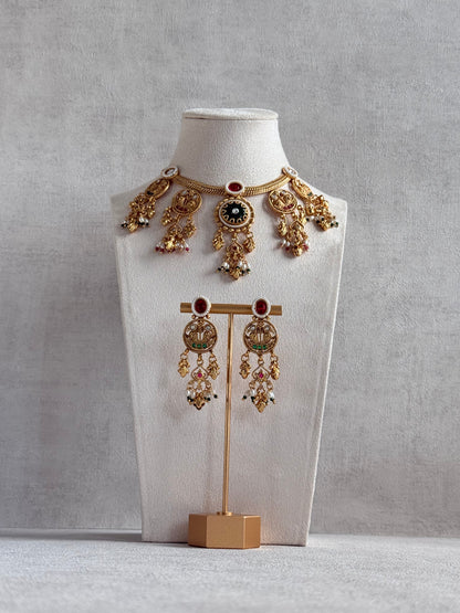 Ayura Designs Parchhai Necklace Set with Earrings – Ruby Red, Rose Pink & Emerald Green Stones, Bird Motifs & Pearl Detailing