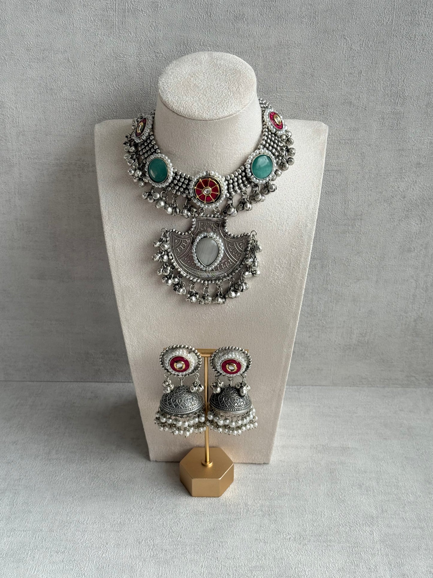 Ayura Designs Zareefa Necklace Set with Jhumkis – Oxidised Silver Pendant Necklace with Multicolour Stones, Pearl Detailing & Ghungroo Accents