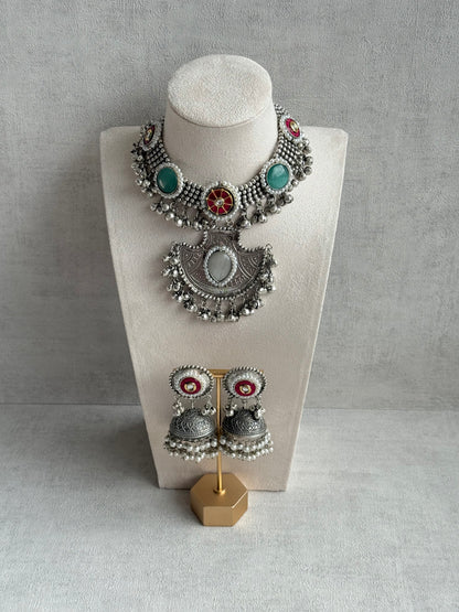 Ayura Designs Zareefa Necklace Set with Jhumkis – Oxidised Silver Pendant Necklace with Multicolour Stones, Pearl Detailing & Ghungroo Accents