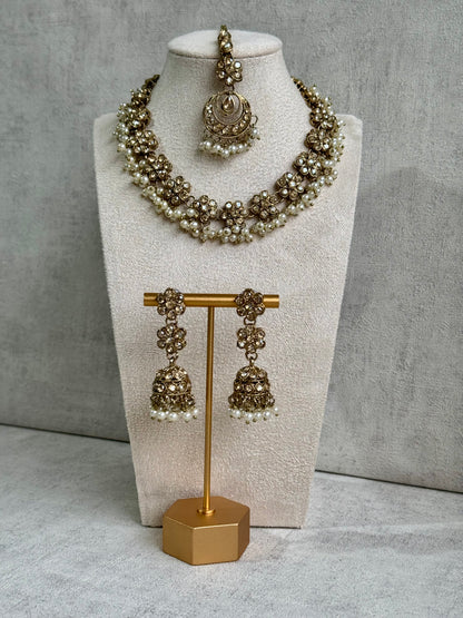 Ayura Designs Asima Set with Jhumkis & Tikka - Handcrafted Gold-tone Necklace, Cream-coloured Beads & Stones