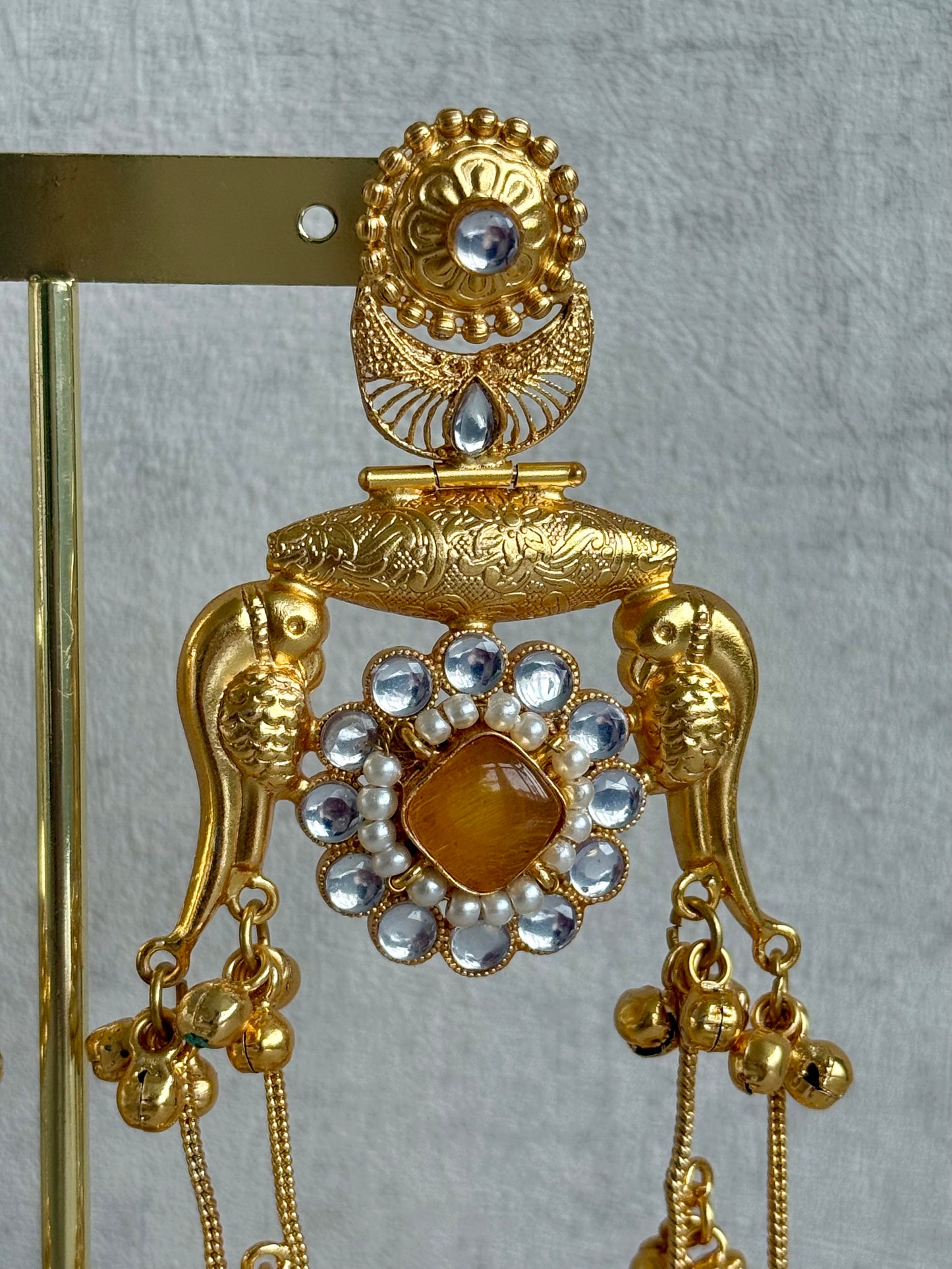 Ayura Designs Meelan Earrings – Antique Gold Earrings with Bird Motifs, Amber Stone & Ghungroo Detailing