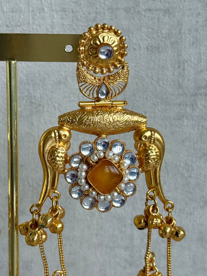 Ayura Designs Meelan Earrings – Antique Gold Earrings with Bird Motifs, Amber Stone & Ghungroo Detailing