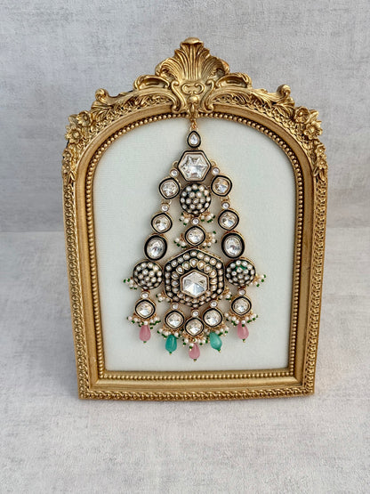 Ayura Designs Visha Jhoomar Passa – Polki Kundan with Blush Pink & Aqua Blue Drops and Pearl Detailing