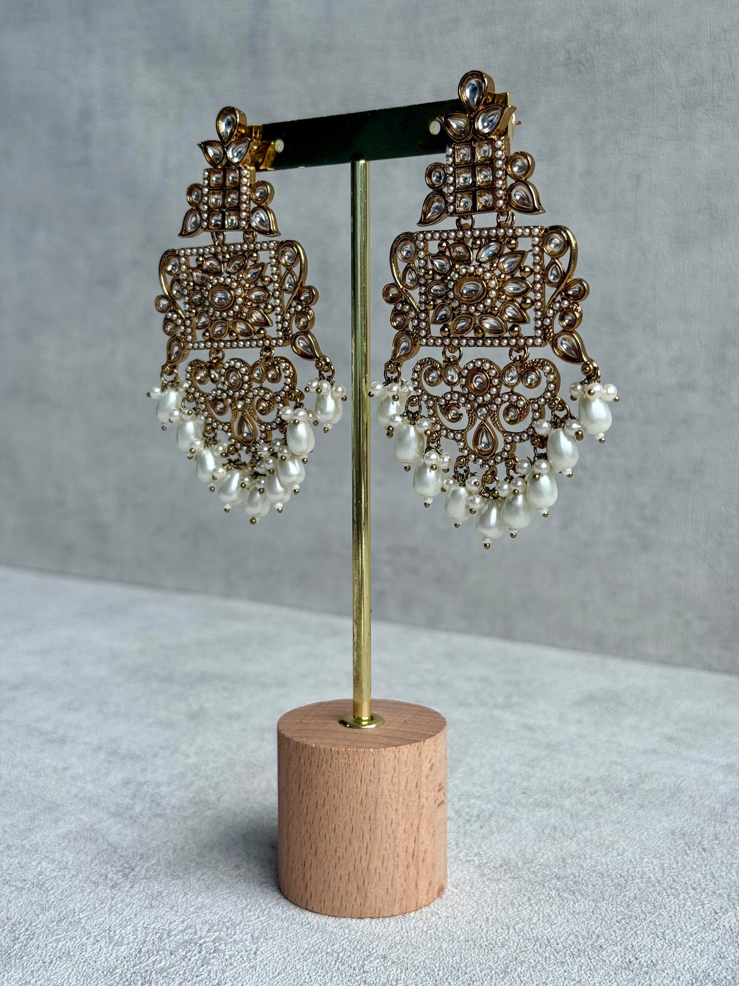 Ayura Designs Arwa Earrings – Antique Gold Finish with Mirror-Cut Stones & Ivory Pearl Drops