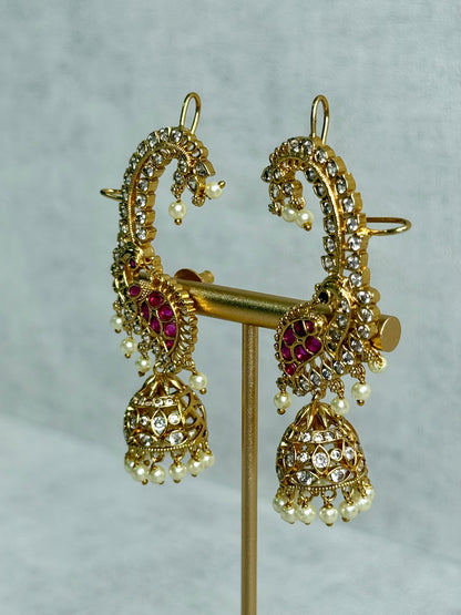 Ayura Designs Padma Earrings – Gold Half Ear Cuffs with Peacock Motif, Pink Stone Accents, Kundan Crystals & Pearl Jhumka Drops