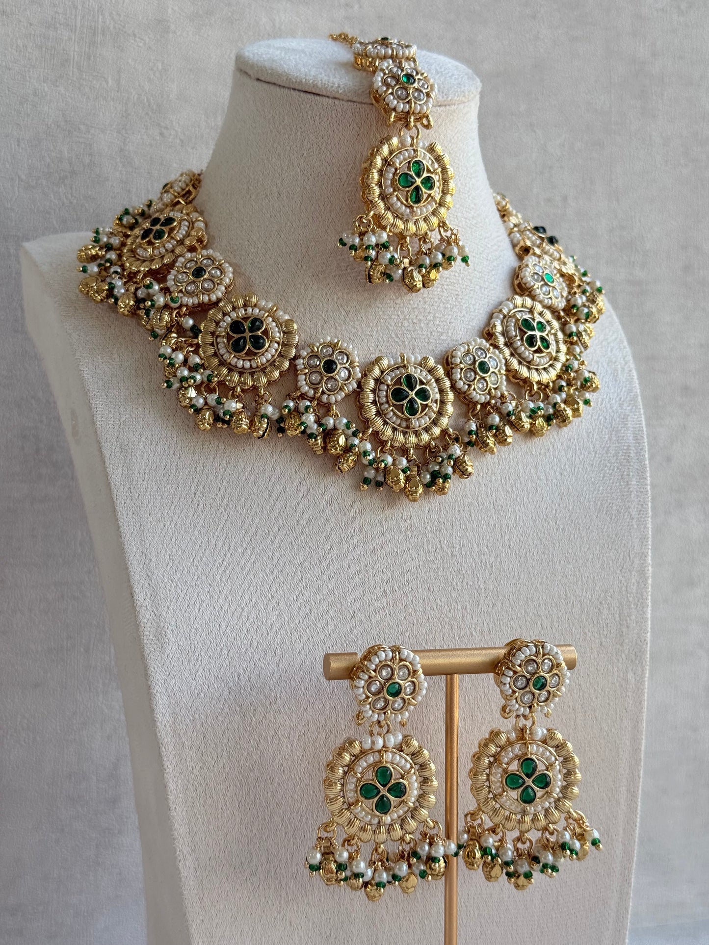 Ayura Designs Manika Necklace Set with Earrings & Tikka – Gold Finish with Emerald Green Stones, Pearls & Ghungroos