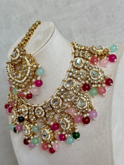 Ayura Designs Iyla Set with Necklace, Earrings & Tikka – Kundan Detailing, Ivory Pearl Drops & Multicolour Beads