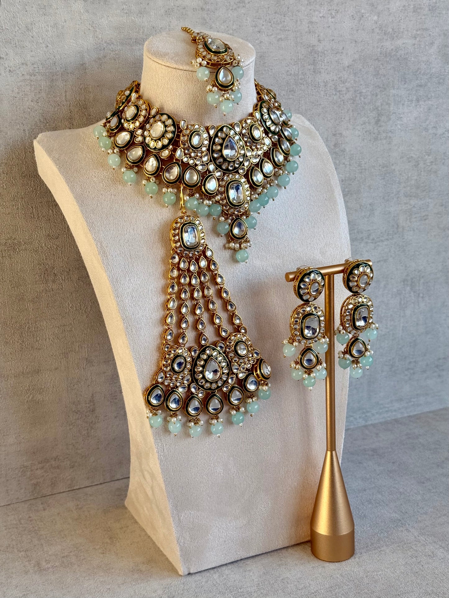 Ayura Designs Jashan Set with Necklace, Earrings, Tikka & Passa – Kundan Detailing, Pearl Drops & Soft Mint Green Beads