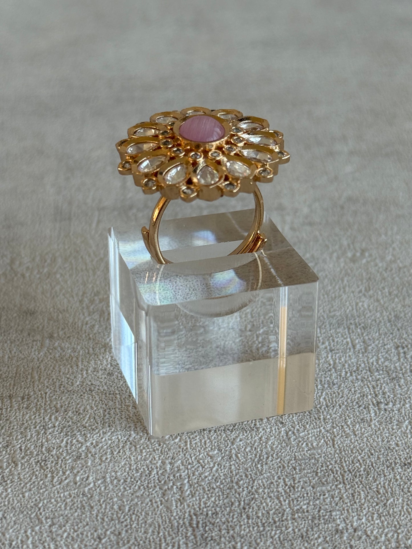 Ayura Designs Luisa Adjustable Ring – Blush Pink Centre Stone with Crystal Petal Detailing