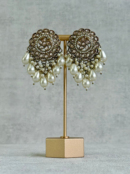 Ayura Designs Aynoor Petal Frame Earrings – Antique Gold Finish with Mirror-Cut Stones & Pearl Drops