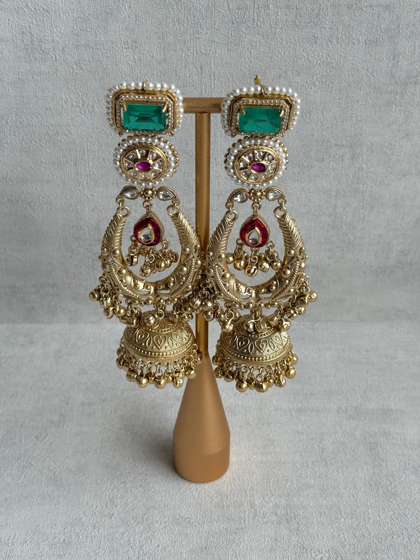 Ayura Designs Zirwa Earrings – Statement Jhumkis with Jade Green Stones, Ruby Accents, Pearl Borders & Ghungroos