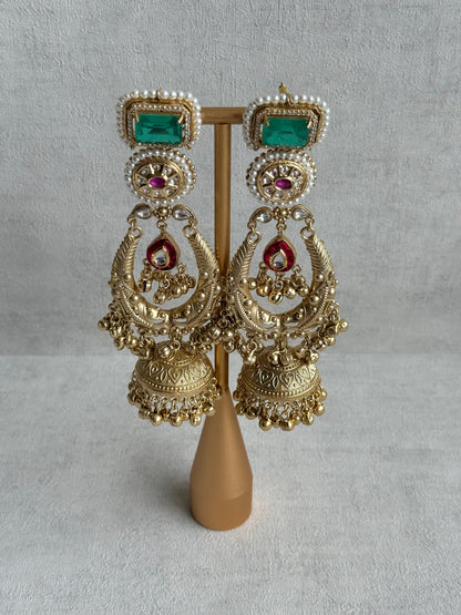 Ayura Designs Zirwa Earrings – Statement Jhumkis with Jade Green Stones, Ruby Accents, Pearl Borders & Ghungroos