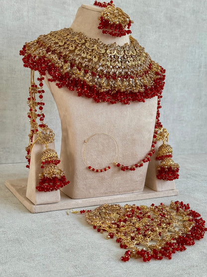 Ayura Designs Ishqiya Bridal Set with Necklace, Jhumkis with Sahare, Tikka & Jhoomer – Antique Gold, Champagne Stones & Red Bead Detailing