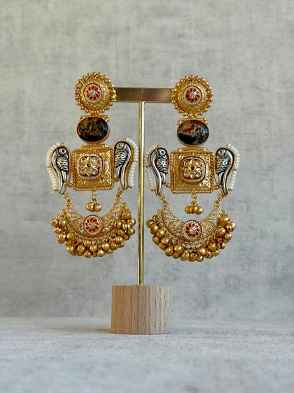 Ayura Designs Soha Earrings – Antique Gold with Smoky Amber Stone & Oxidised Parrots