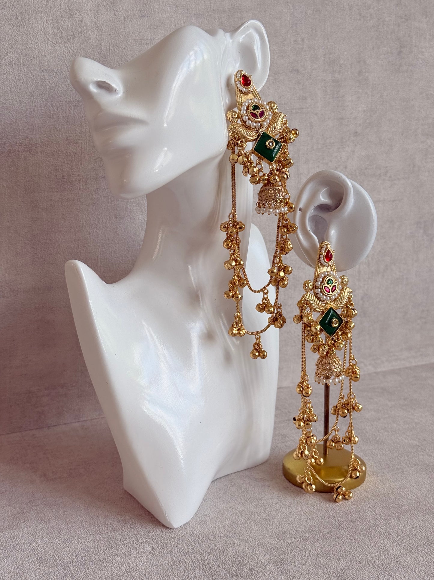 Ayura Designs Simal Earrings – Kashmiri Earrings with Green Stone, Multicoloured Detailing, Layered Ghungroo Chains & Jhumkis