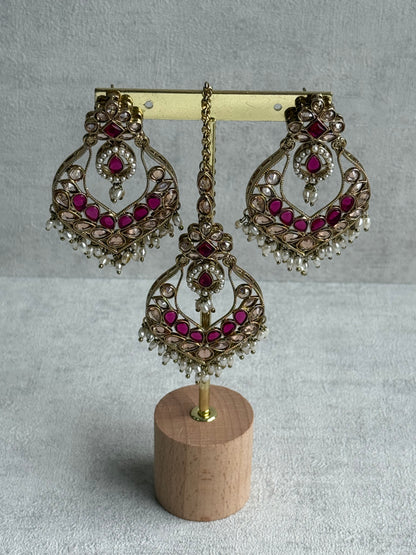 Ayura Designs Damini Tikka Set – Mirror-Cut Kundan Earrings & Tikka with Pink Enamel and Pearl Detailing