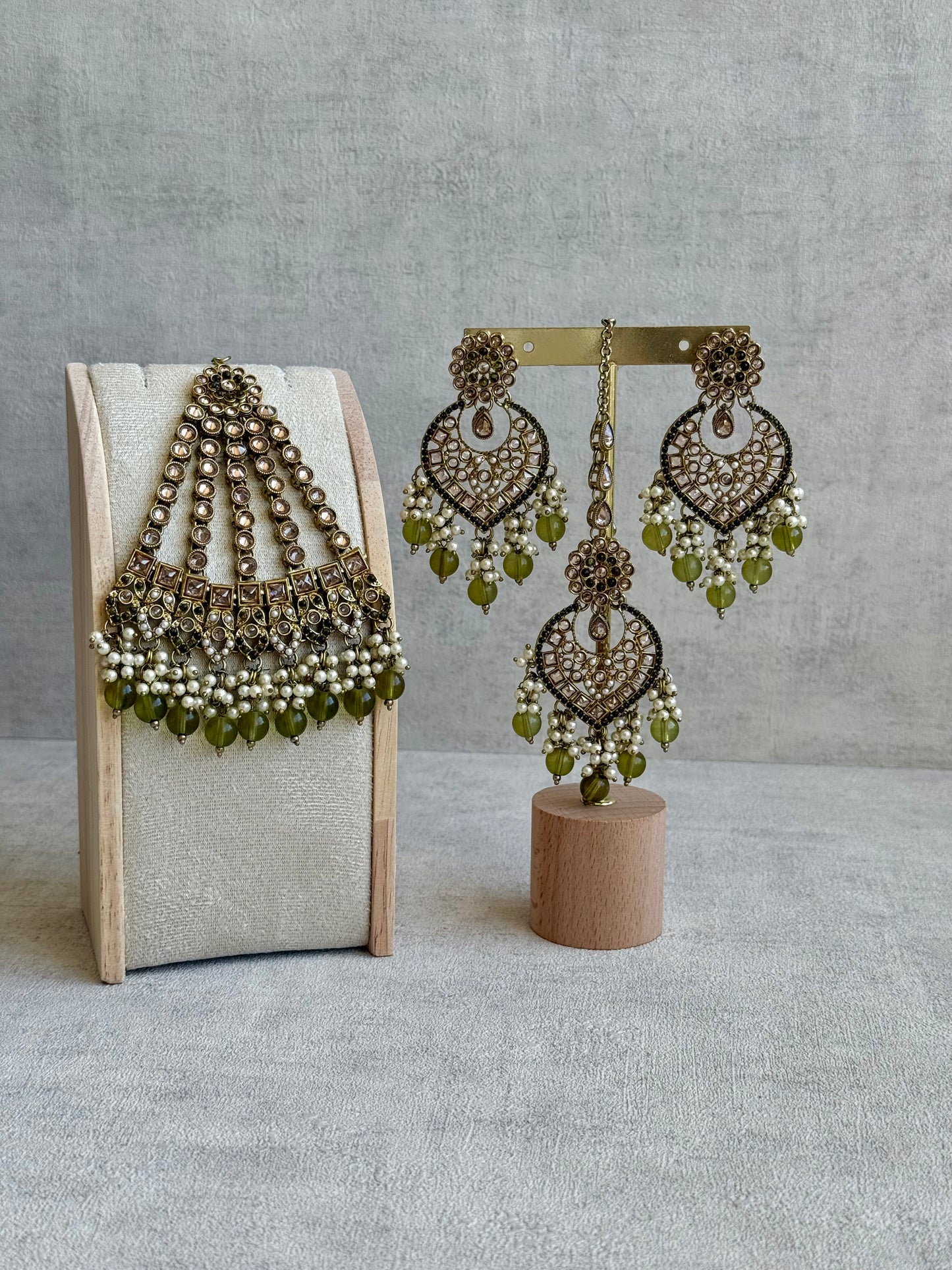 Ayura Designs Sabeen Set with Choker, Jhumkis, Tikka & Jhoomar – Champagne Kundan, Pearl Clusters & Olive Green Beads
