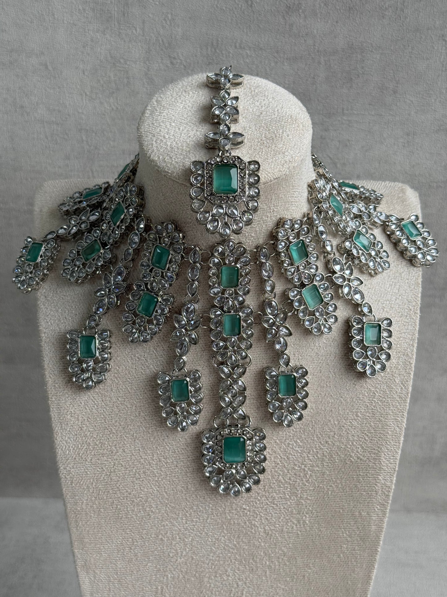 Ayura Designs Zinnia Set – Necklace, Earrings & Tikka with Mint Green Stones and Mirror-Cut Polki in Silver Finish