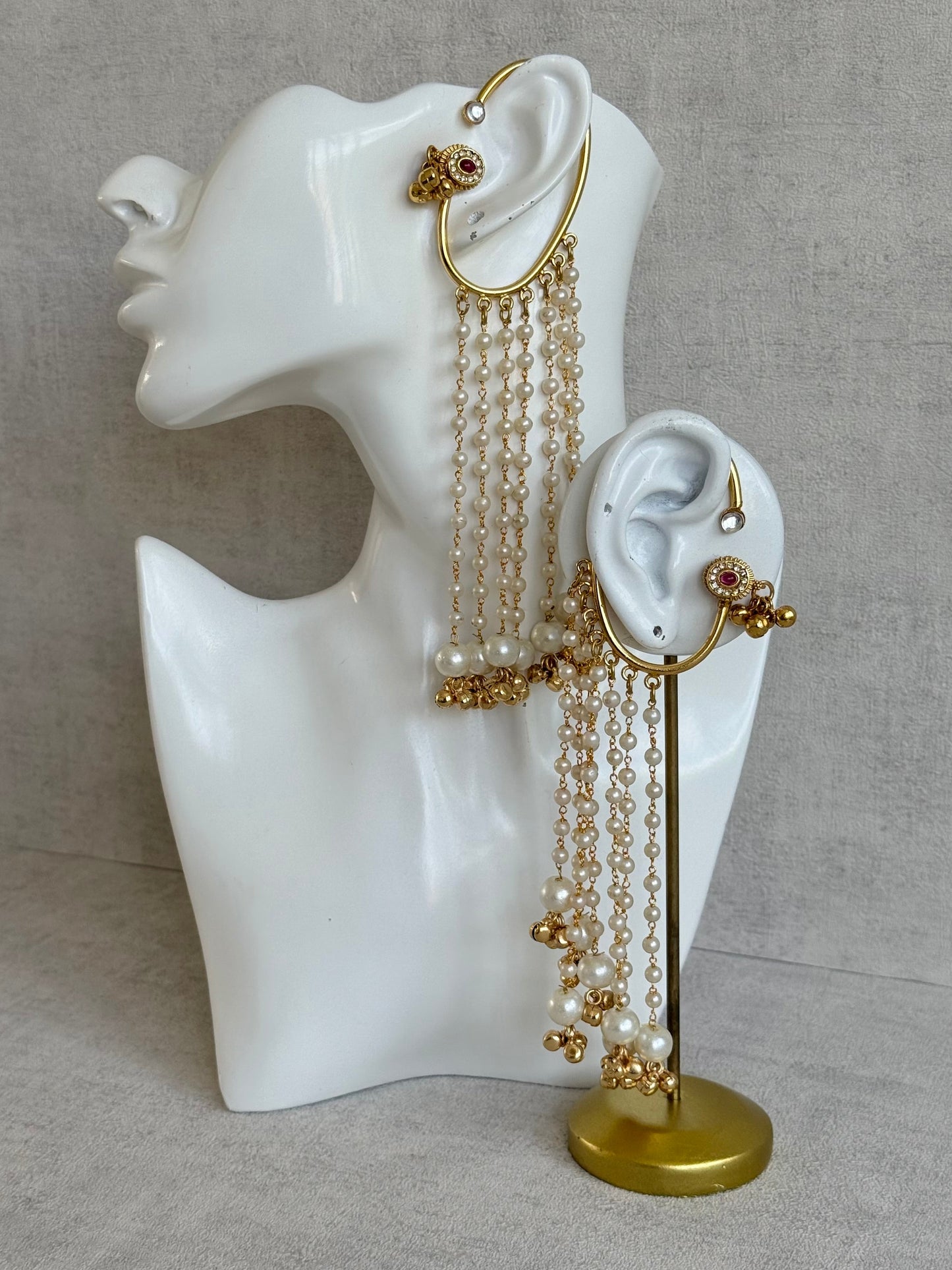 Ayura Designs Nargiza Ear Cuffs – Pearl Tassel Ear Cuffs with Ghungroo Detailing & Ruby Stone Accents