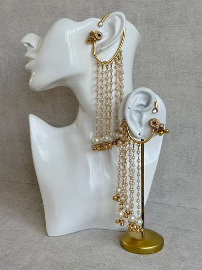 Ayura Designs Nargiza Ear Cuffs – Pearl Tassel Ear Cuffs with Ghungroo Detailing & Ruby Stone Accents