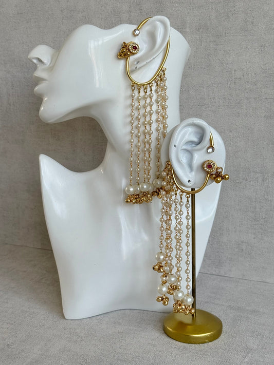 Ayura Designs Nargiza Ear Cuffs – Pearl Tassel Ear Cuffs with Ghungroo Detailing & Ruby Stone Accents