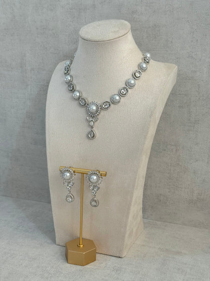 Ayura Designs Tilly Set with Necklace & Earrings – Pearl Centre with Crystal Halo Detailing in Silver Finish