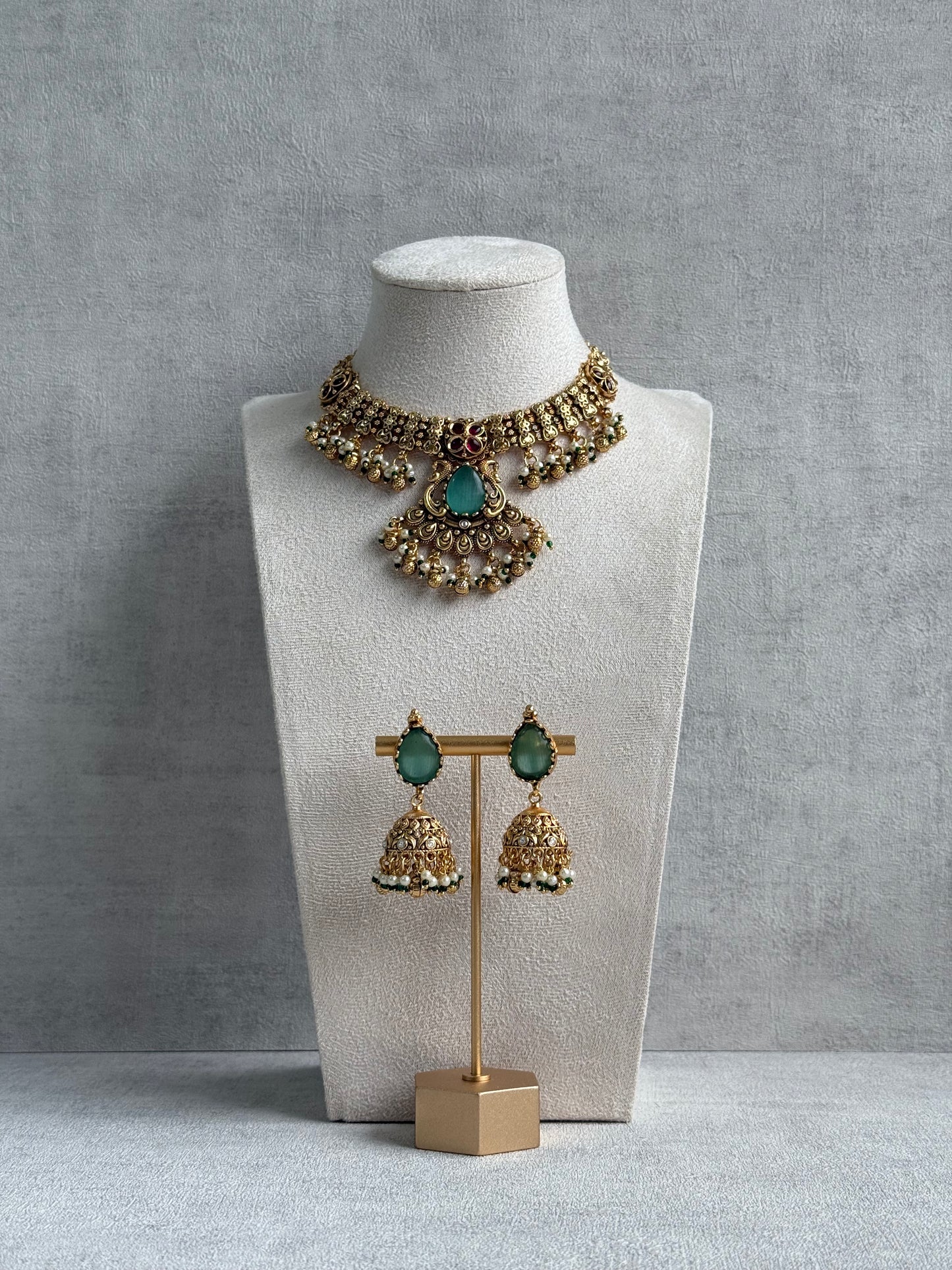 Ayura Designs Urvashi Set – Antique Gold Necklace & Jhumkis with Mint Green Stone, Ruby & Pearl Detailing