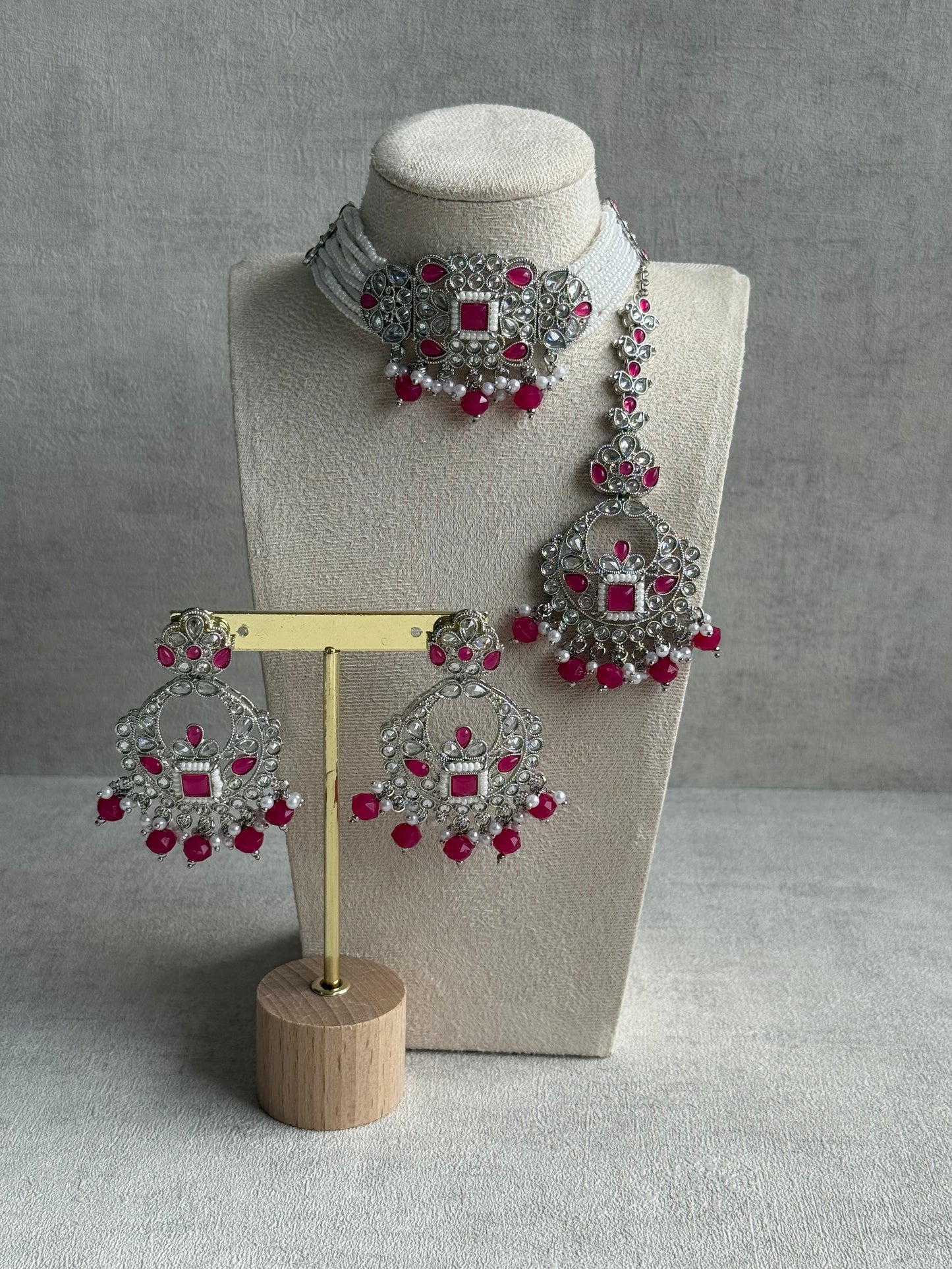 Ayura Designs Geet Set – Choker, Earrings & Tikka with Fuchsia Stones, Pearls & Silver Finish