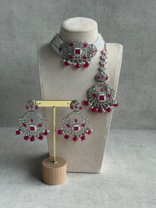 Ayura Designs Geet Set – Choker, Earrings & Tikka with Fuchsia Stones, Pearls & Silver Finish