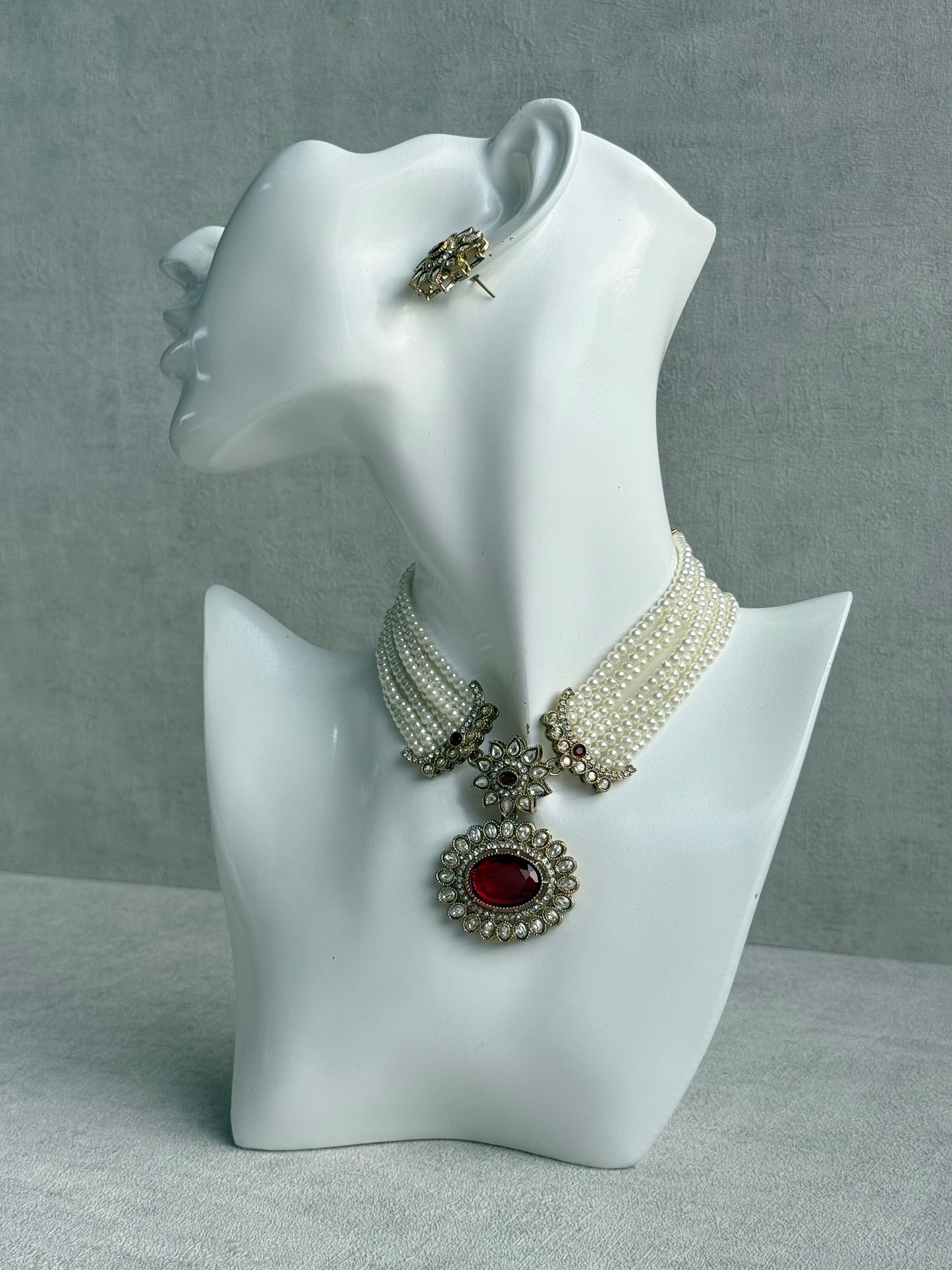 Ayura Designs Amaya Necklace Set with Studs – Antique Finish in Ruby Red Stones with Pearl Strands