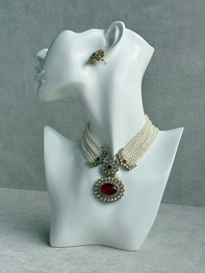 Ayura Designs Amaya Necklace Set with Studs – Antique Finish in Ruby Red Stones with Pearl Strands