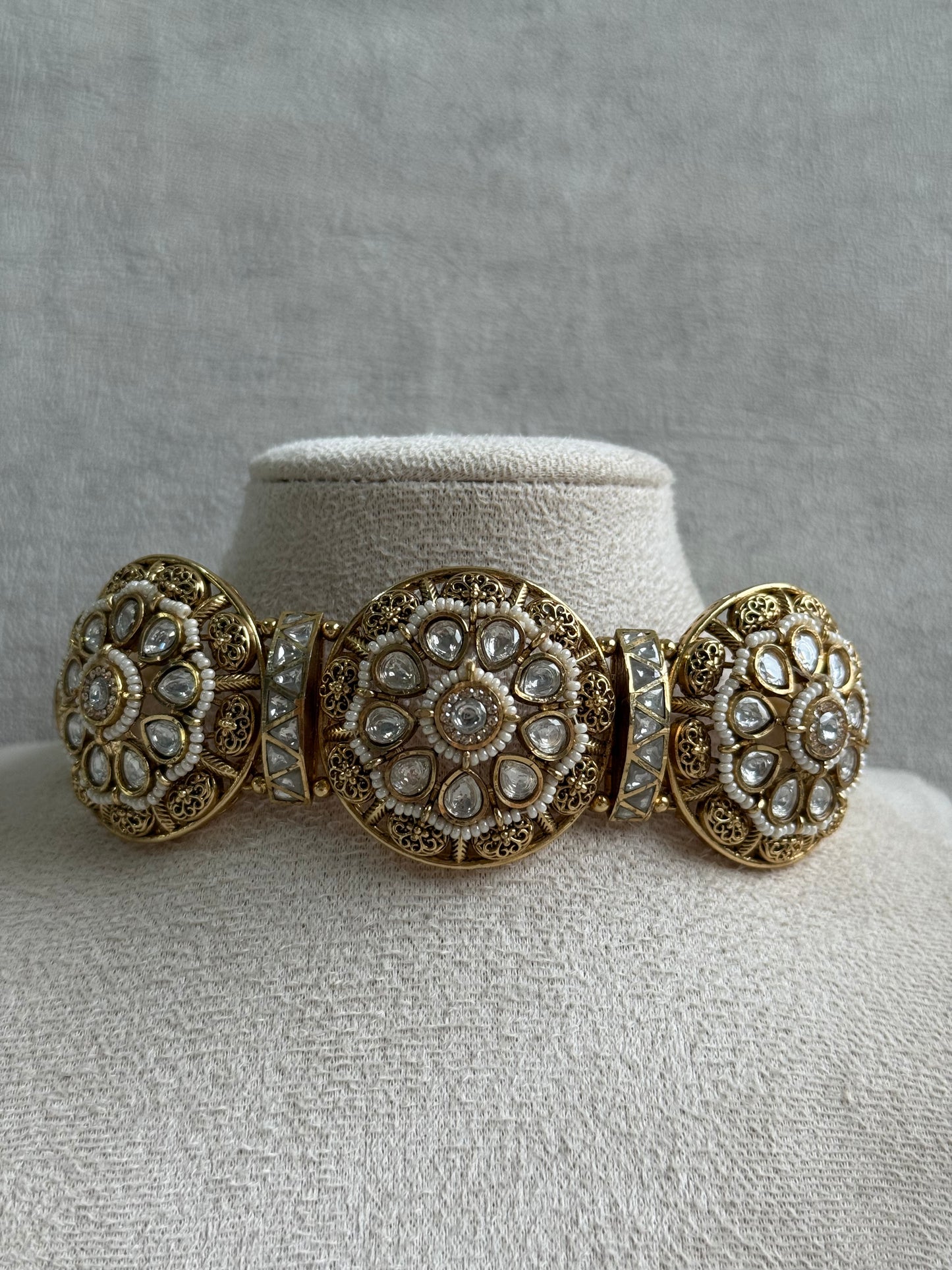 Ayura Designs Tanu Choker Set – Antique Gold Choker & Jhumkis with Kundan, Pearl Borders & Filigree Detailing