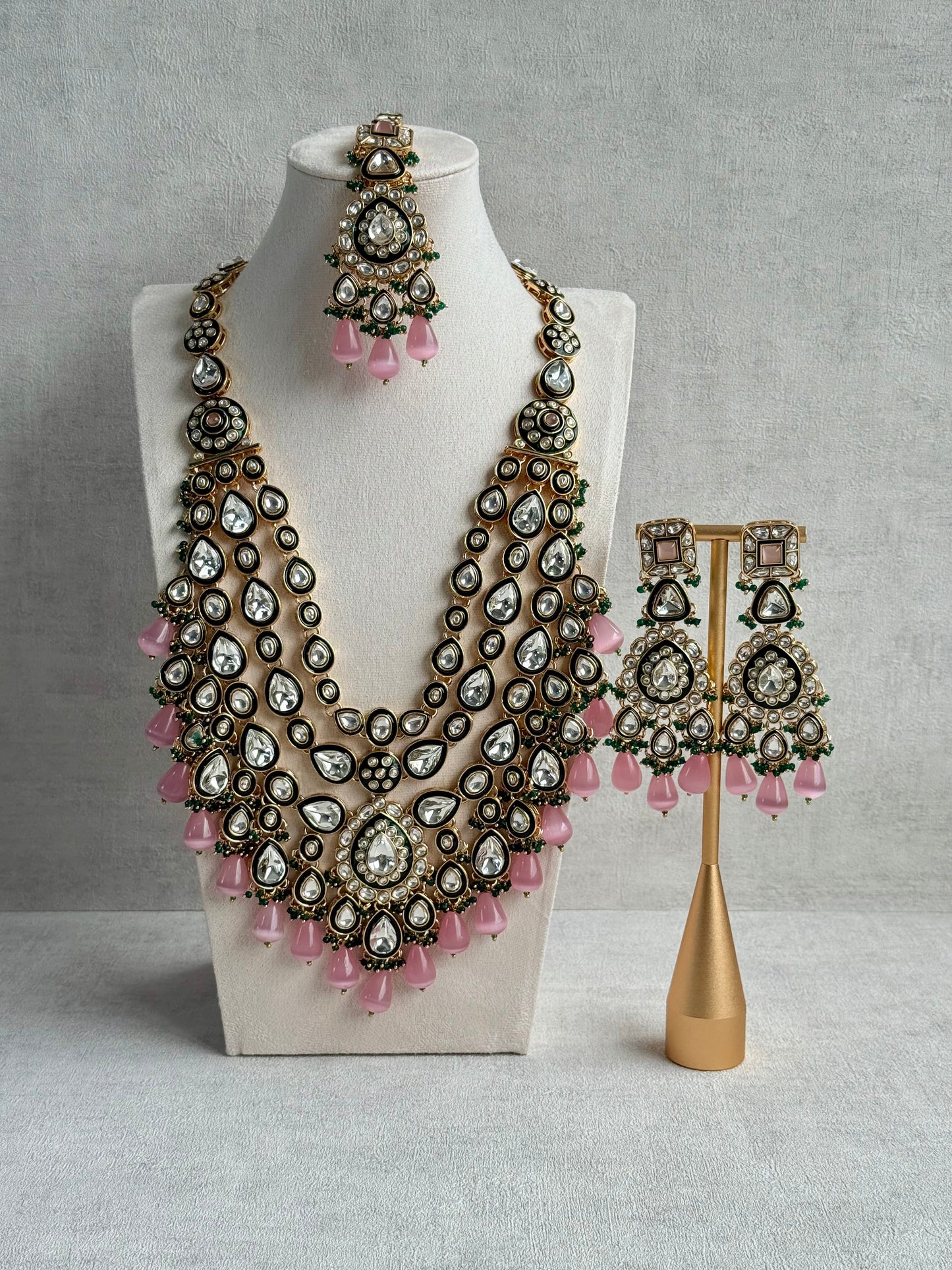 Ayura Designs Zahira Bridal Set with Necklace, Earrings & Tikka – Kundan Detailing with Blush Pink Drops, Green Enamel & Green Bead Accents