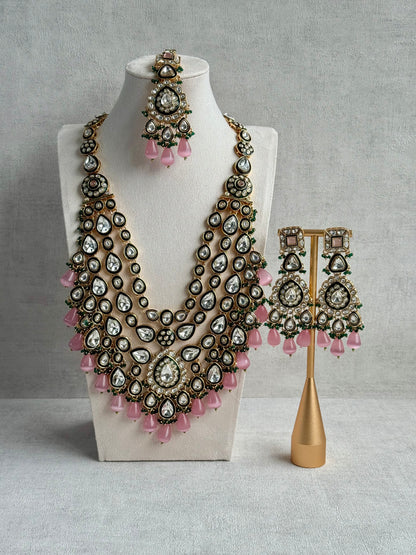 Ayura Designs Zahira Bridal Set with Necklace, Earrings & Tikka – Kundan Detailing with Blush Pink Drops, Green Enamel & Green Bead Accents