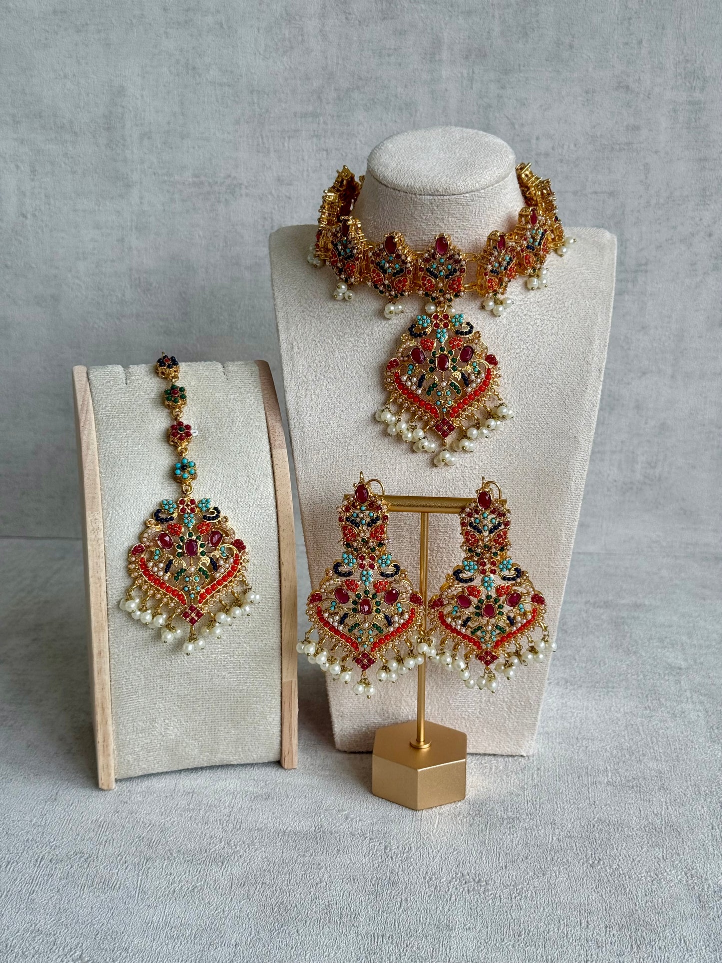 Ayura Designs Itrat Set with Choker, Earrings & Tikka – Antique Gold with Multicolour Stones & Pearl Detailing
