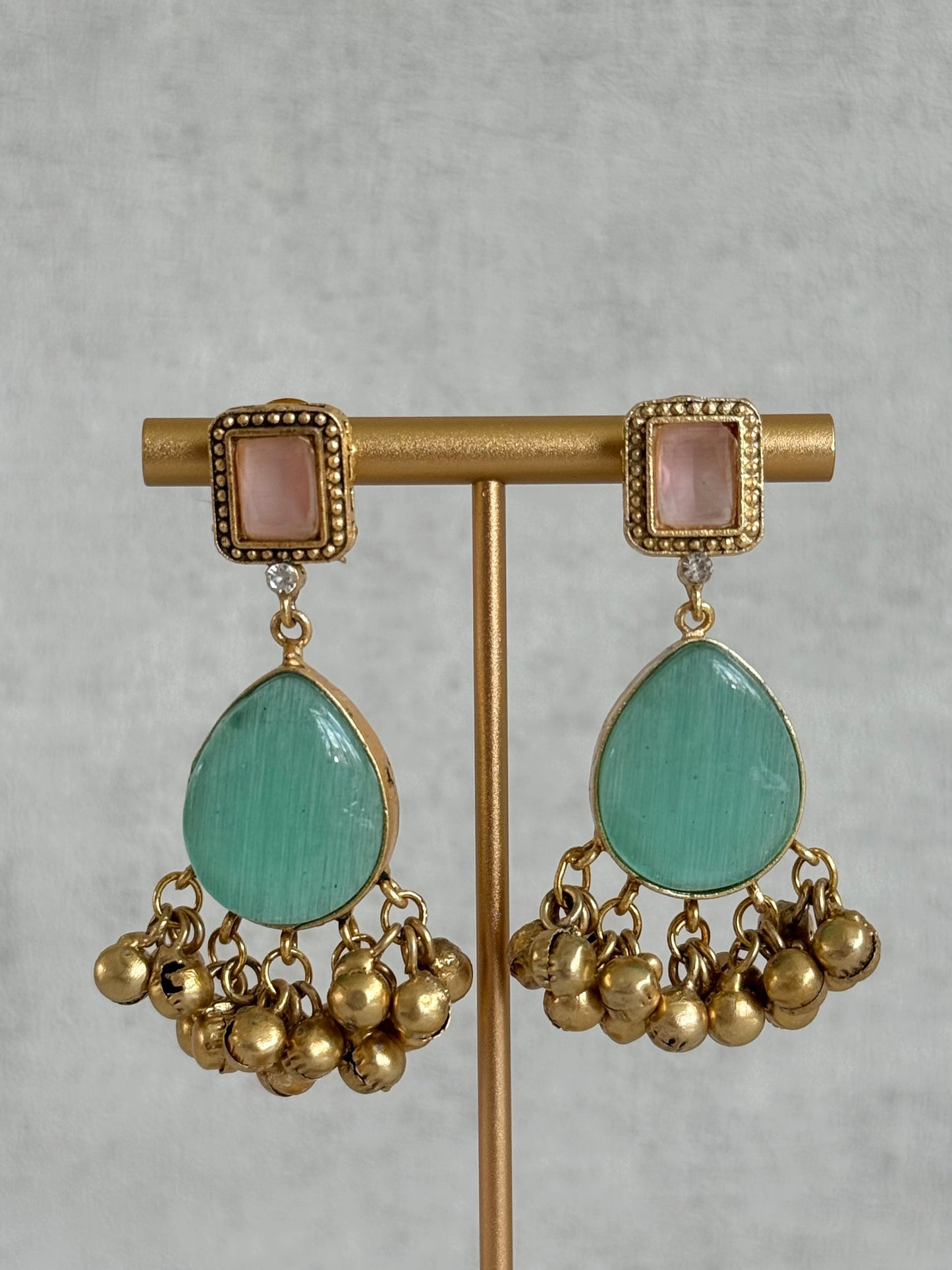 Ayura Designs Ahista Necklace Set with Earrings – Statement Pendant Necklace with Pink & Aqua Green Cat Eye Stones, Pearl Detailing & Ghungroo Accents