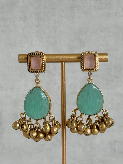 Ayura Designs Ahista Necklace Set with Earrings – Statement Pendant Necklace with Pink & Aqua Green Cat Eye Stones, Pearl Detailing & Ghungroo Accents