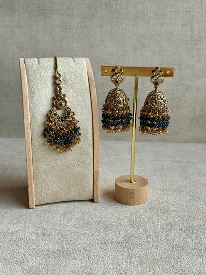 Ayura Designs Mahreen Set – Necklace, Jhumkis & Tikka with Mirror-Cut Stones, Peacock Blue Beads & Gold Finish