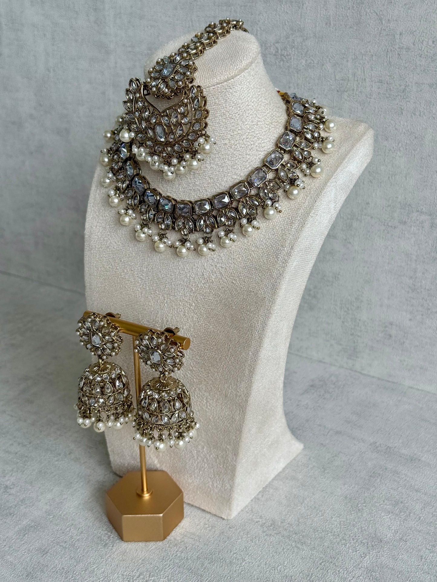 Ayura Designs Sufia Set – Antique Gold Necklace, Mirror-Cut Stones, Jhumkis & Tikka with Pearl Detailing