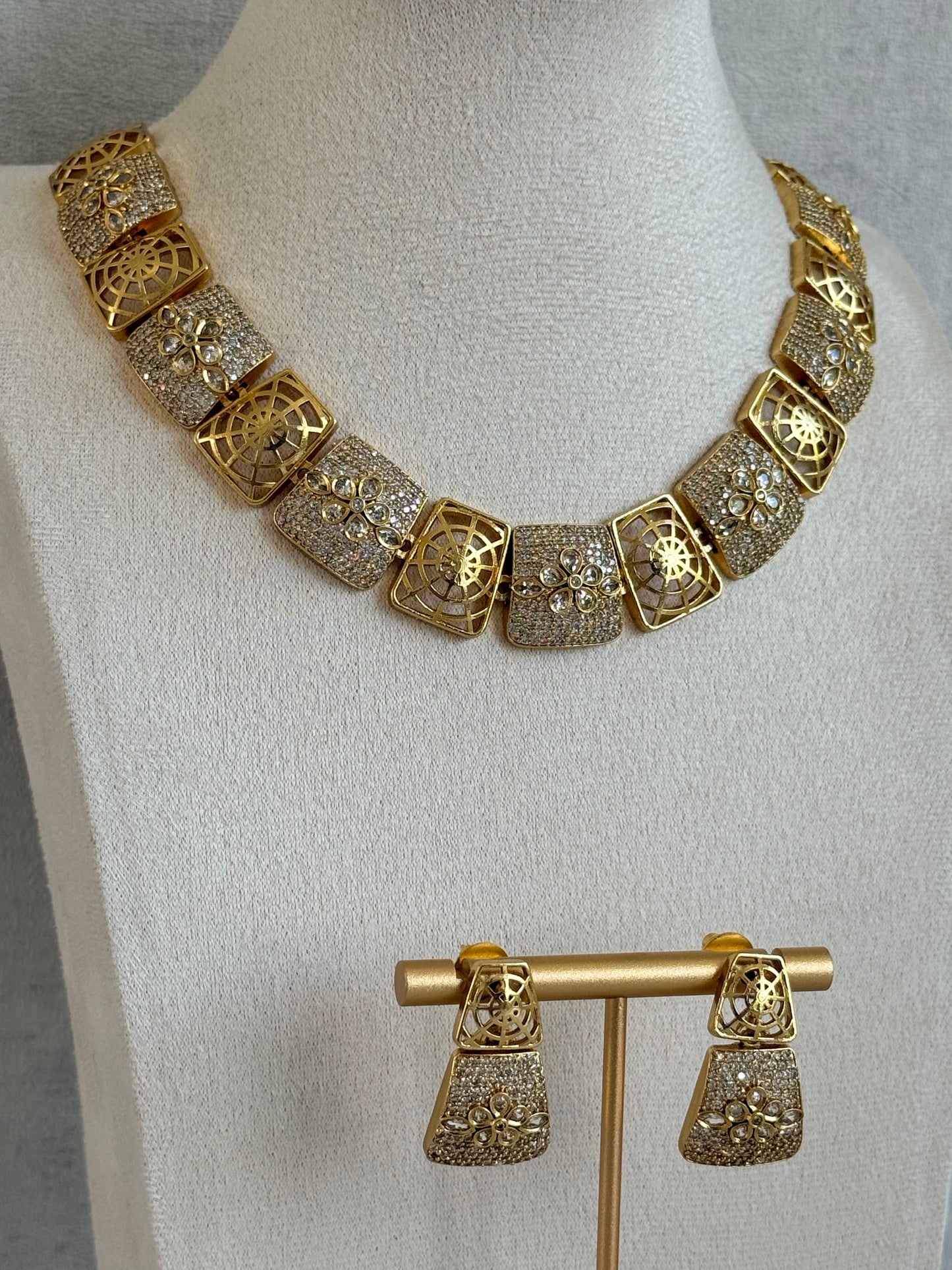Ayura Designs Vibha Necklace & Stud Earrings Set – Gold Floral Statement Design with Crystal Detailing