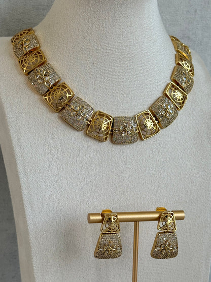 Ayura Designs Vibha Necklace & Stud Earrings Set – Gold Floral Statement Design with Crystal Detailing