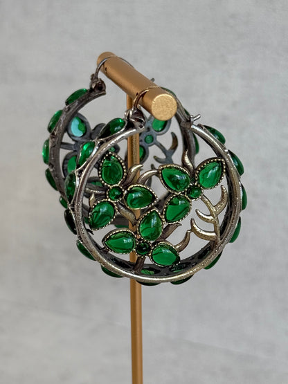 Ayura Designs Nureh Earrings – Dual Tone Floral Hoop Earrings with Emerald Green Stones & Cutwork Detailing